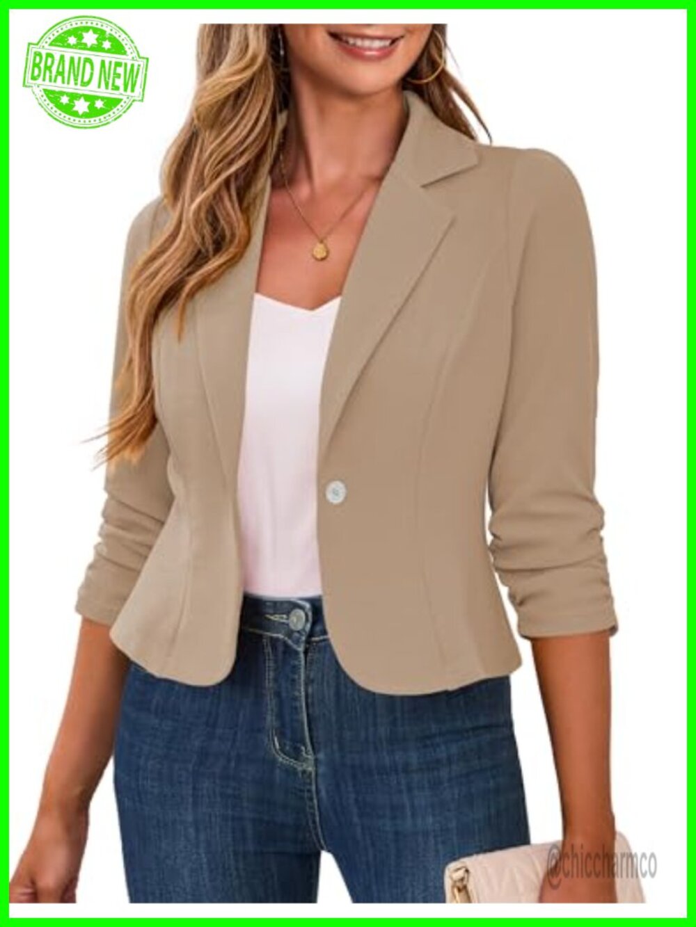 Women's Cropped Blazer 3/4 Sleeve Notch Lapel Business Casual